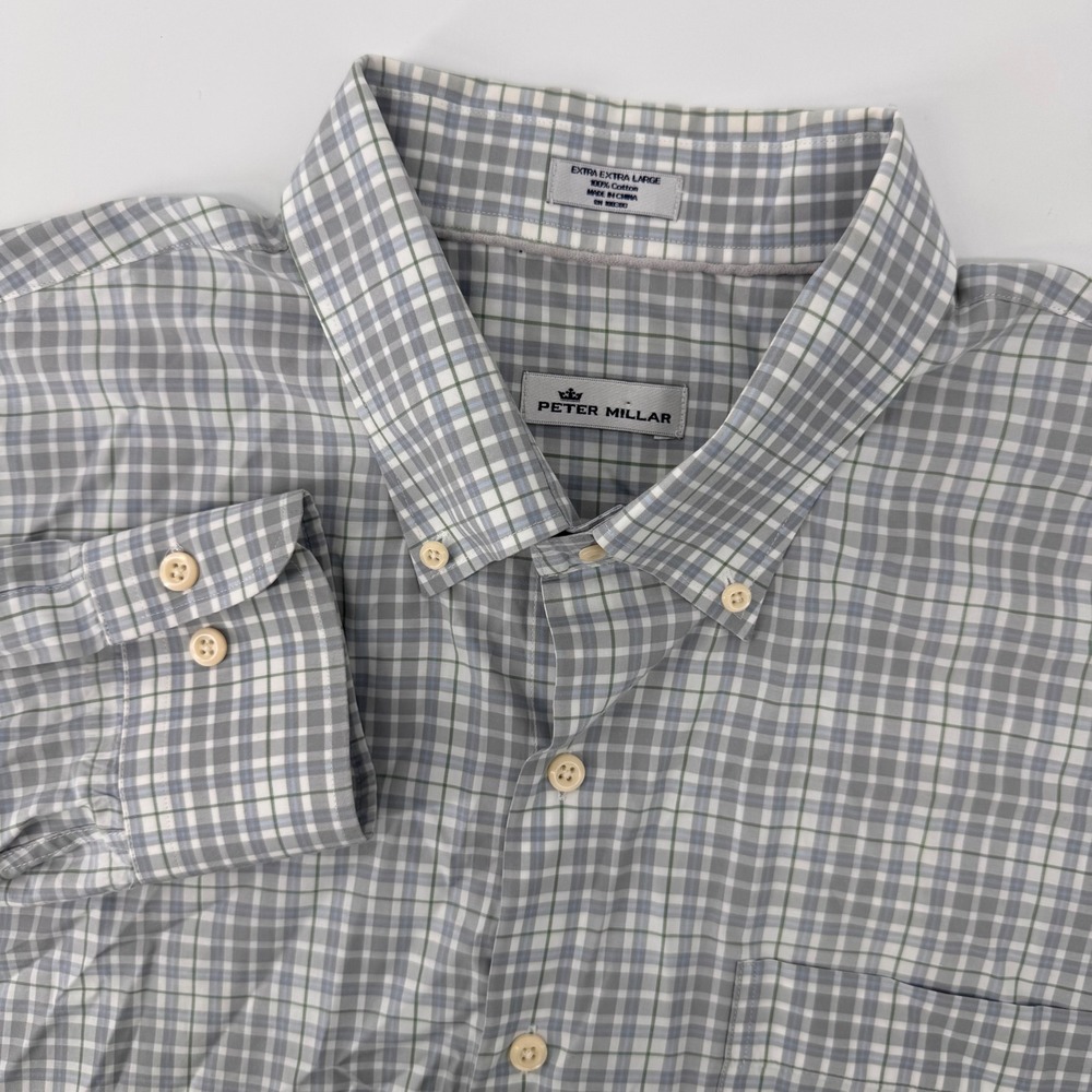 Peter Millar Button Down Mens XXL Grey Blue Green Plaid Cotton Long Sleeve Shirt